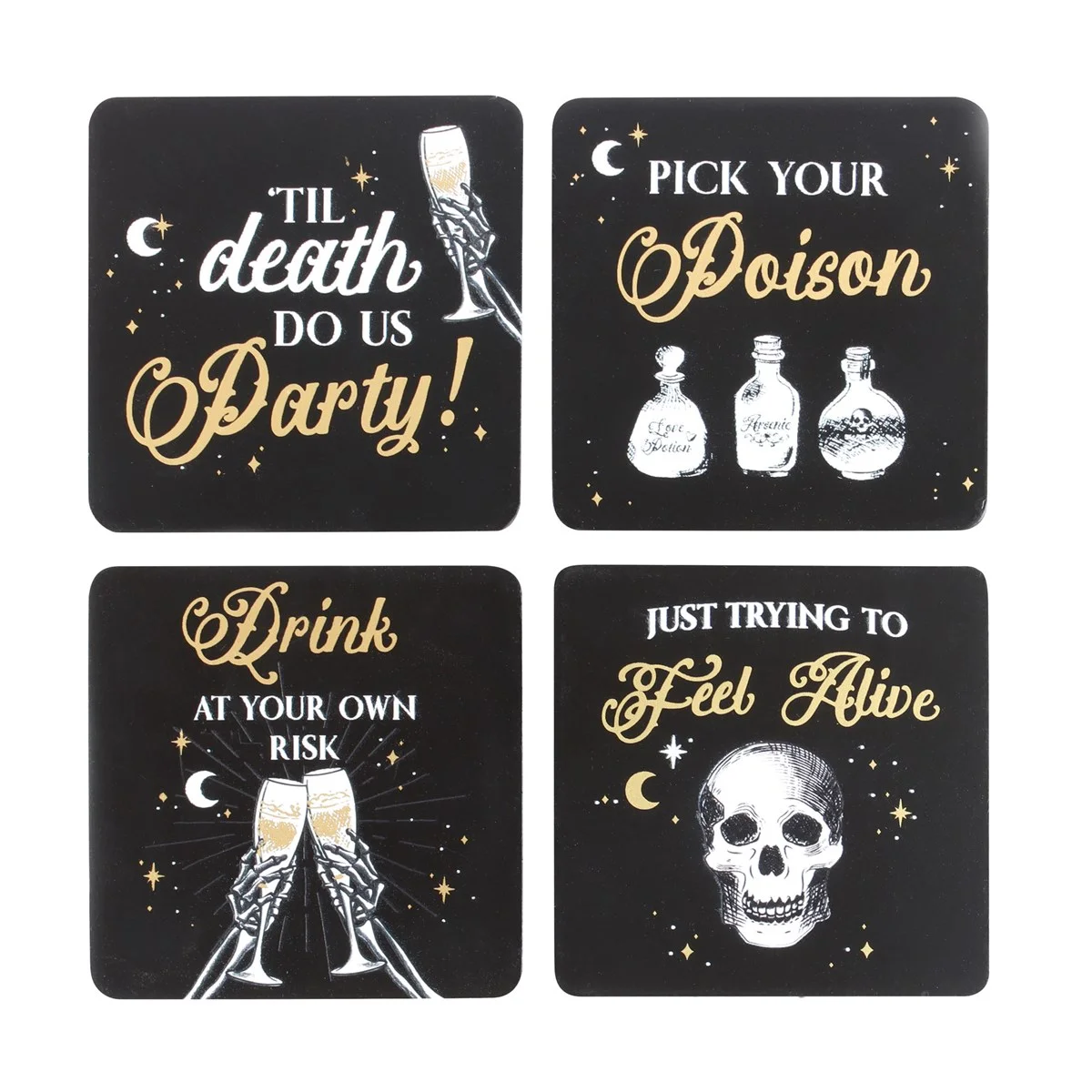 Set of four black and gold skeleton coasters set with witty phrases on a dark background for home bar decor