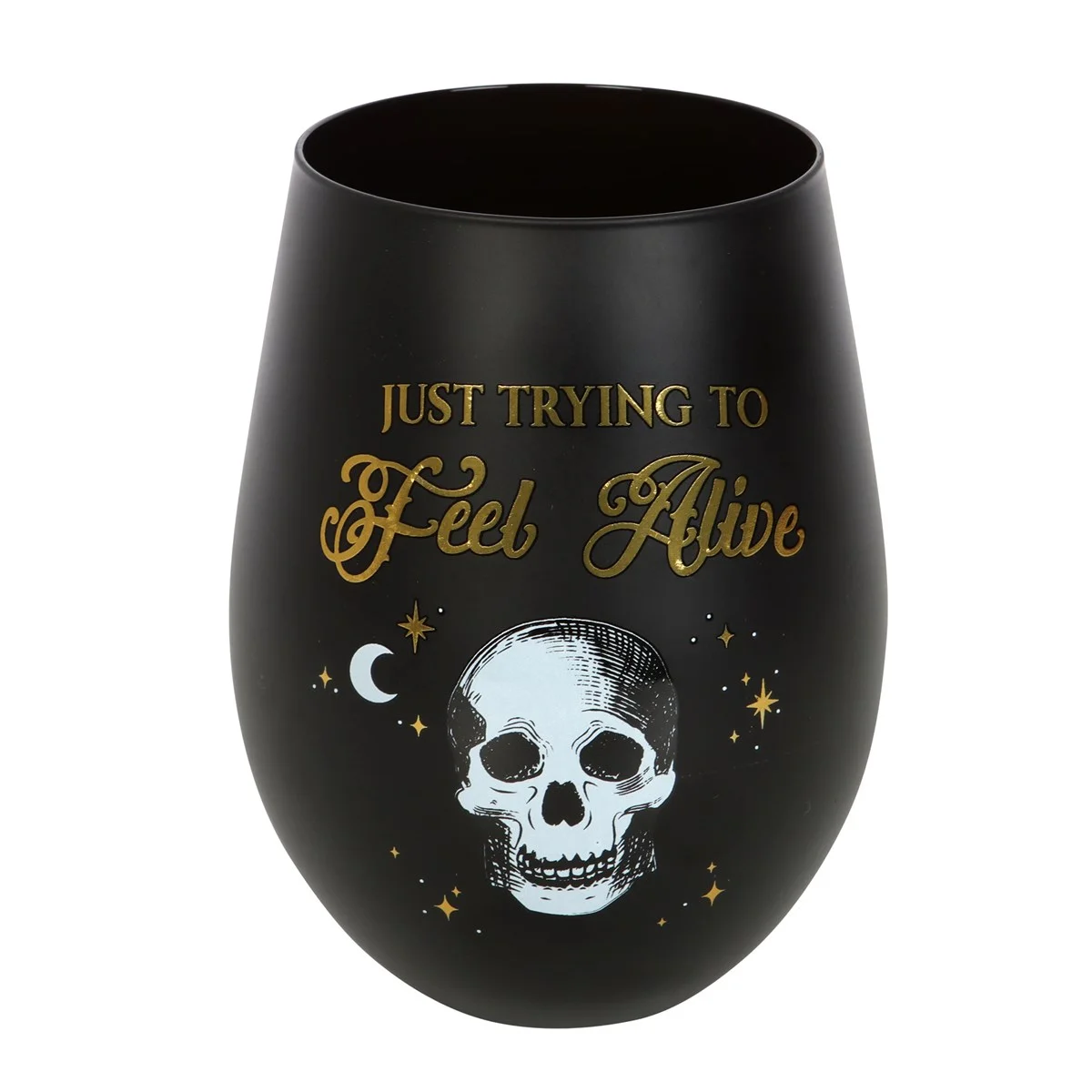 Black and gold stemless wine glass with skeleton and "Just Trying to Feel Alive" text design, 500ml capacity