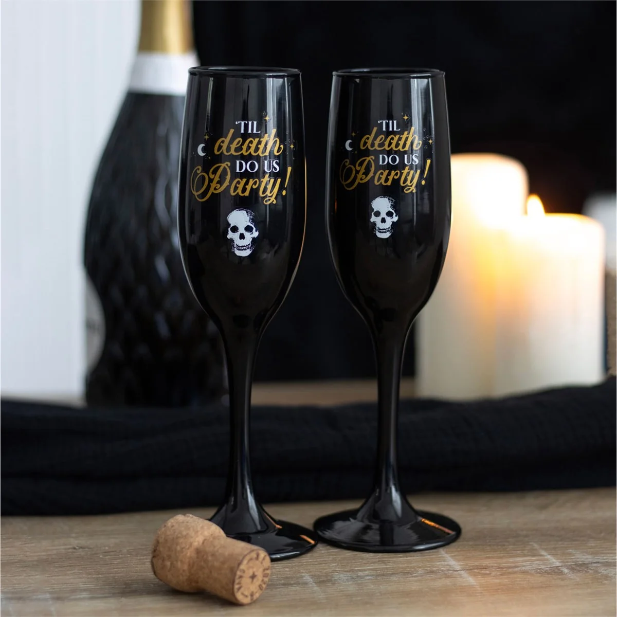 Pair of black and gold champagne flute set with 'Til Death Do Us Party' text, 185ml capacity each