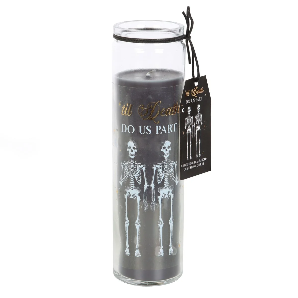 Black tube candle with skeleton couple design and amber noir candle scent label on front