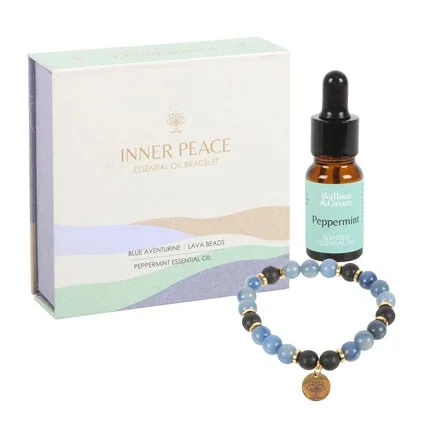 Blue lace agate bracelet with lava beads and tree of life charm, shown with essential oil diffuser beads in gift box