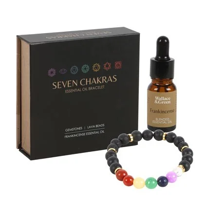 Seven chakra gemstone bracelet with mixed lava and colored beads, shown with essential oil diffuser gift set packaging