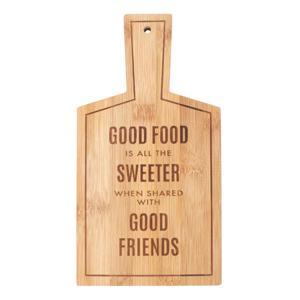Rectangular bamboo serving board with engraved quote about sharing food, measuring 26.5cm by 14cm by 1.35cm
