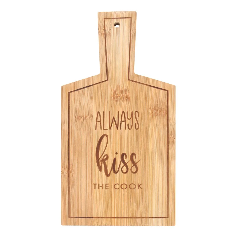 Rectangular bamboo serving board with "Always Kiss the Cook" engraved, measuring 26.5cm by 14cm by 1.35cm