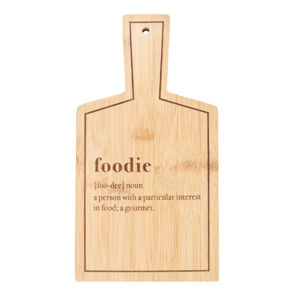 Rectangular bamboo serving board with engraved 'foodie' text, eco-friendly and food safe, 26.5cm by 14cm