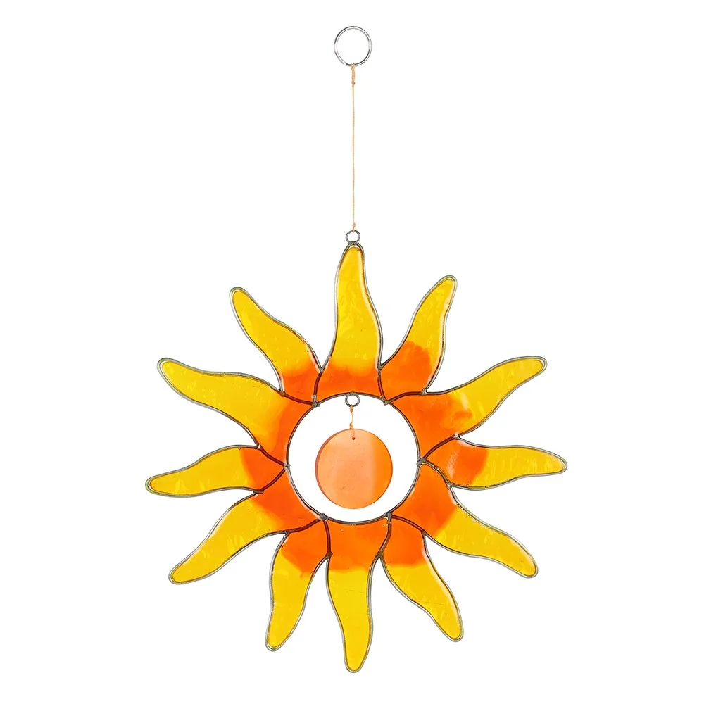 Orange sun catcher with red sun shape, reflective window hanging, 22.5cm height, 21cm width, 0.2cm thick.