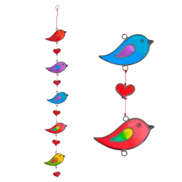 Colourful string of birds sun catcher hanging on a metal hinge, 58 cm long, ethically sourced.