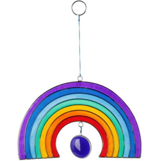 Rainbow suncatcher, 20cm high, 18cm wide, 0.7cm deep, colourful glass panels hanging against a light background