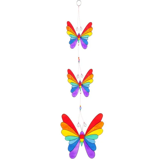 Multi coloured string of three butterflies butterfly sun catcher hanging with light shining through wings