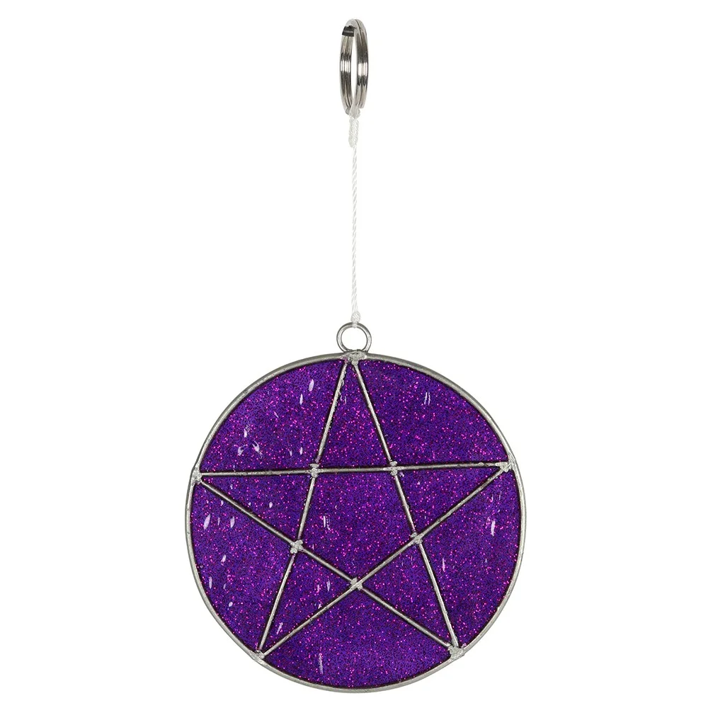 Purple pentagram suncatcher with sparkling design, perfect for hanging in garden or bedroom window, 7.5cm square