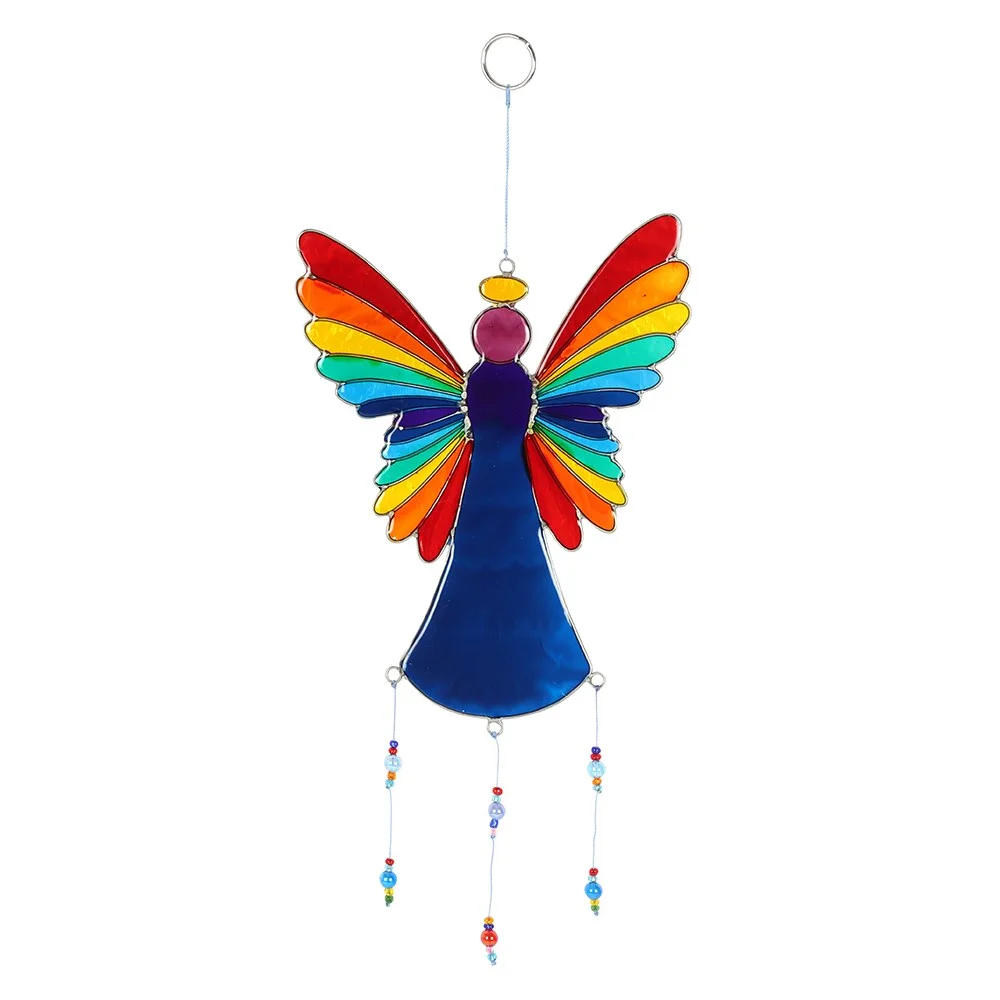 Rainbow angel suncatcher with colourful beads, 40cm tall, 15cm wide, hanging over window.