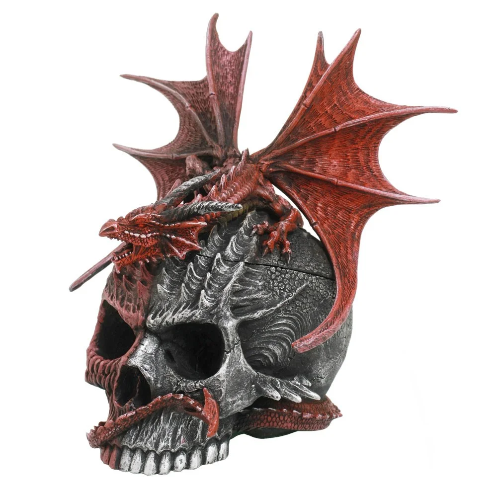 Serpent skull ornament with blood red dragon wrapped around detailed resin skull, 8.5 inches tall collectible by Spiral Direct