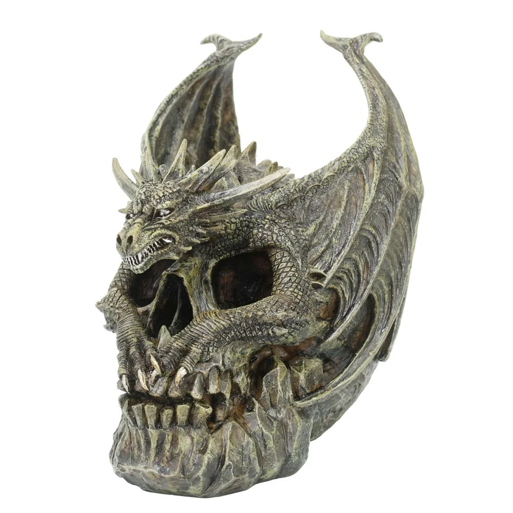 Detailed Draco dragon skull ornament with a dragon wrapped around a skull, made from high-quality resin, 7.5 inches tall