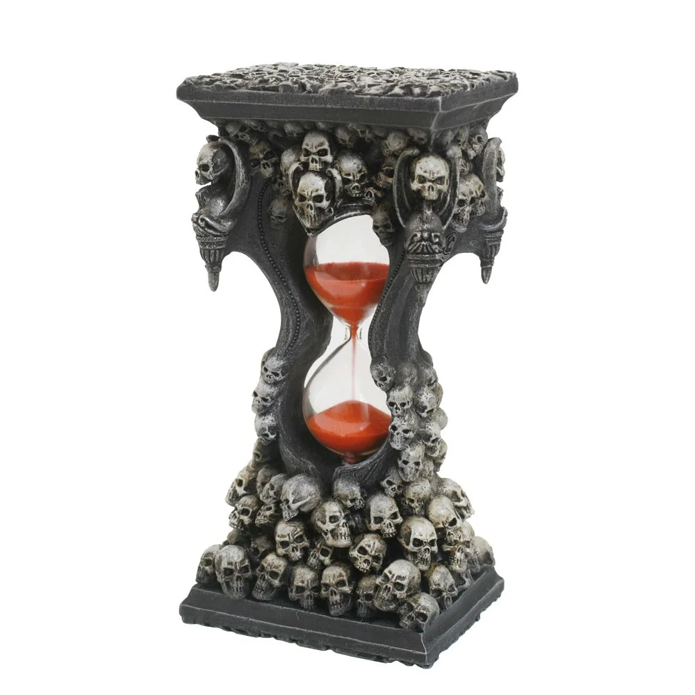 7.5in gothic hourglass timer with dark red sand, skull-adorned resin frame and glass body by Spiral Direct