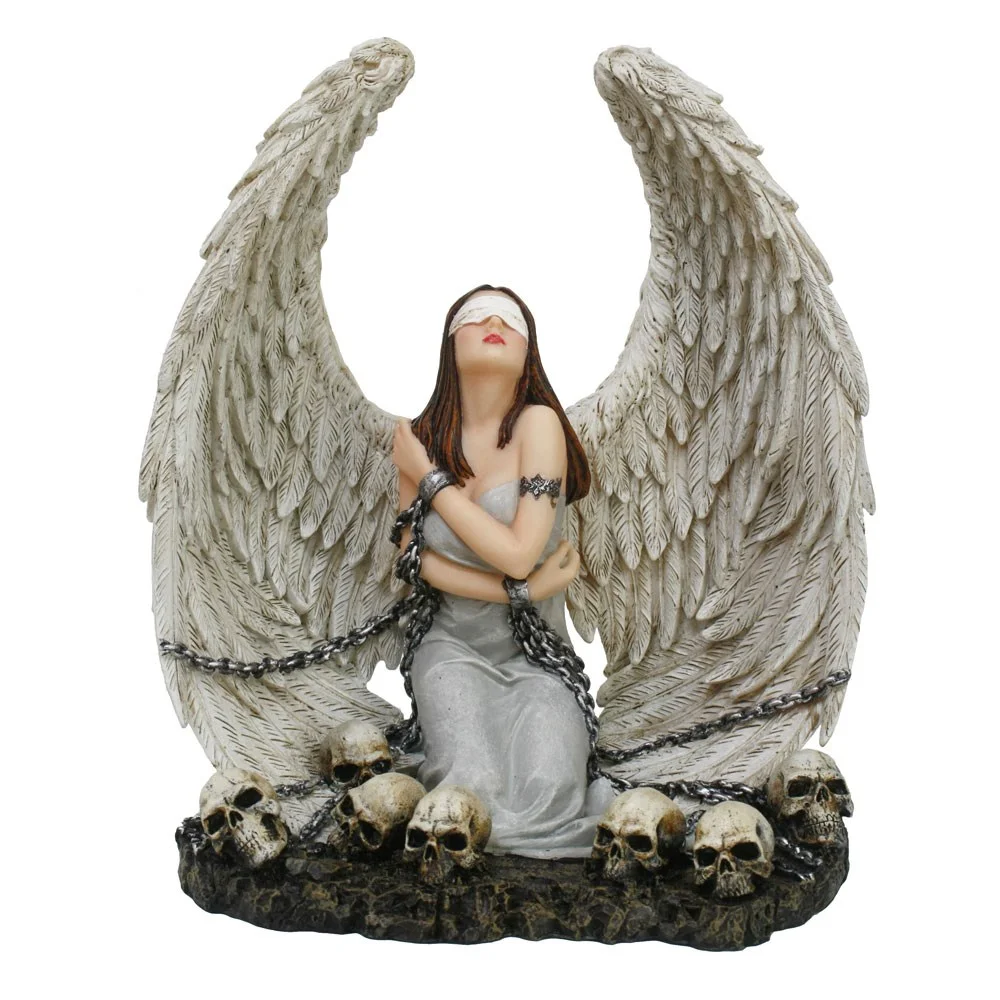 9.5in angel figurine resin with blindfolded angel, chained arms, flowing dress, large wings, and skull base by Spiral Direct