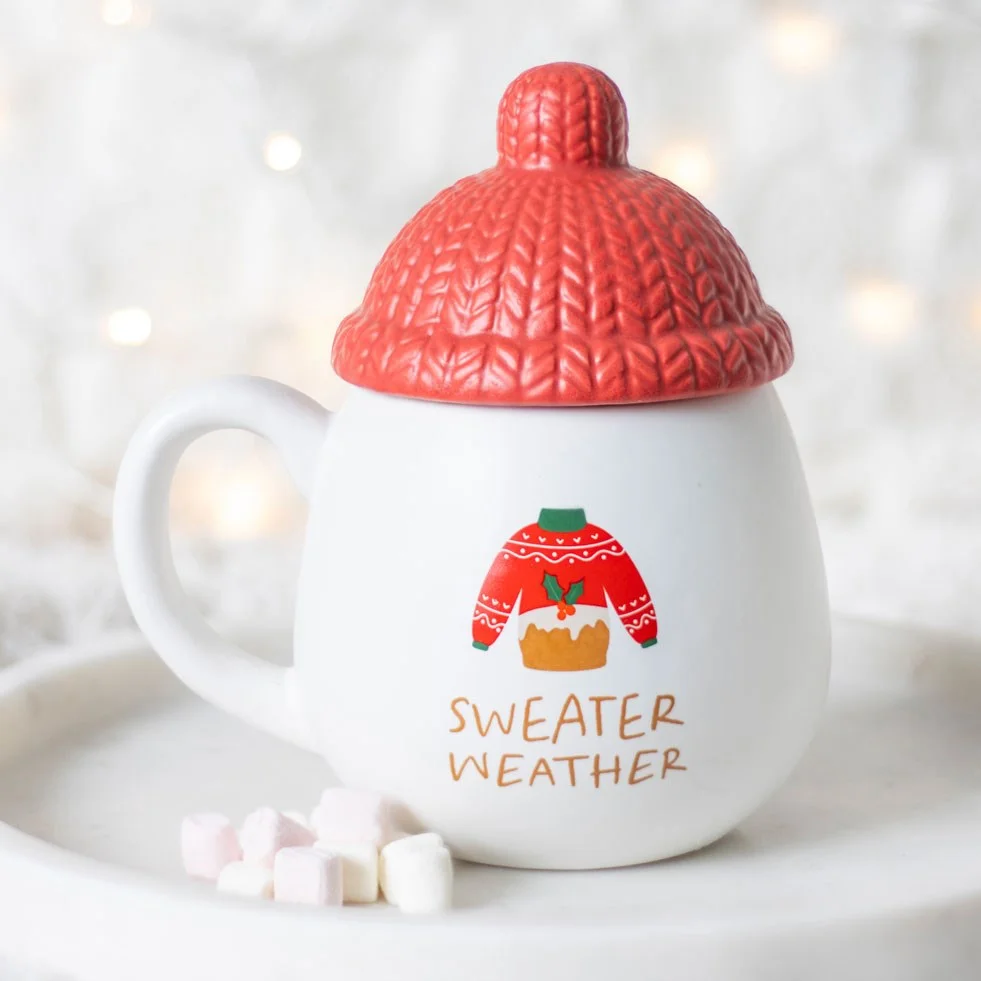 Sweater Weather mug with red bobble hat lid, white ceramic, 480ml, festive winter design for hot drinks