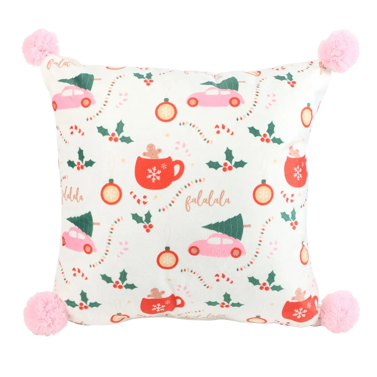 Square Christmas print cushion with festive icons and pink pom poms on a white background