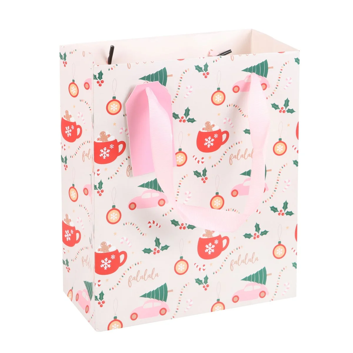 23cm medium Christmas gift bag with festive print, traditional icons, and pink ribbon handles on white background