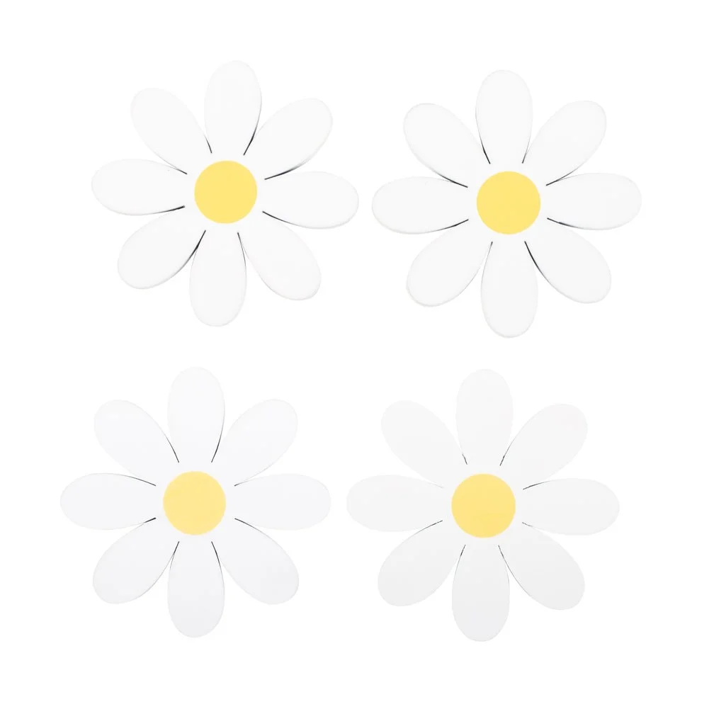 Set of 4 yellow-centred daisy shaped coasters arranged on a white surface, bright and decorative for tabletops