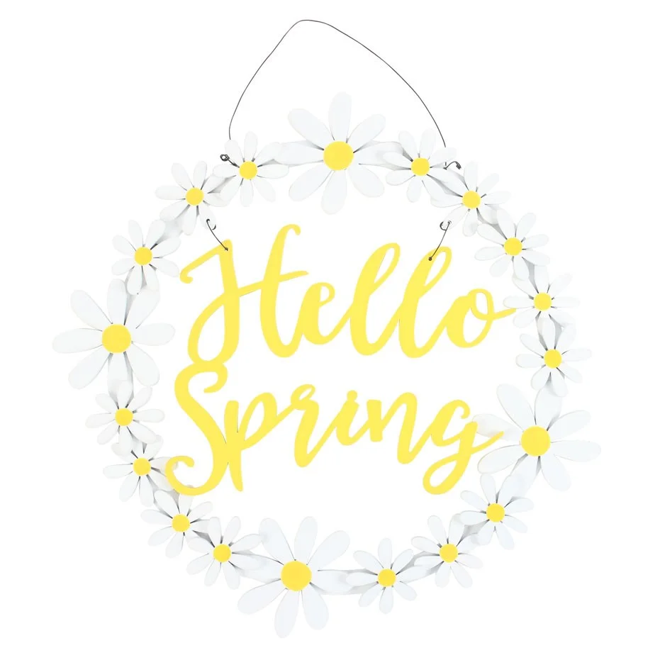 Hello Spring hanging spring wreath decoration with white daisies and bright yellow accents on a circular base