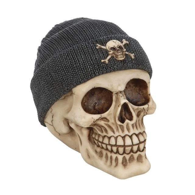 Realistic resin skull ornament wearing a black beanie with skull and crossbones design, handpainted details visible