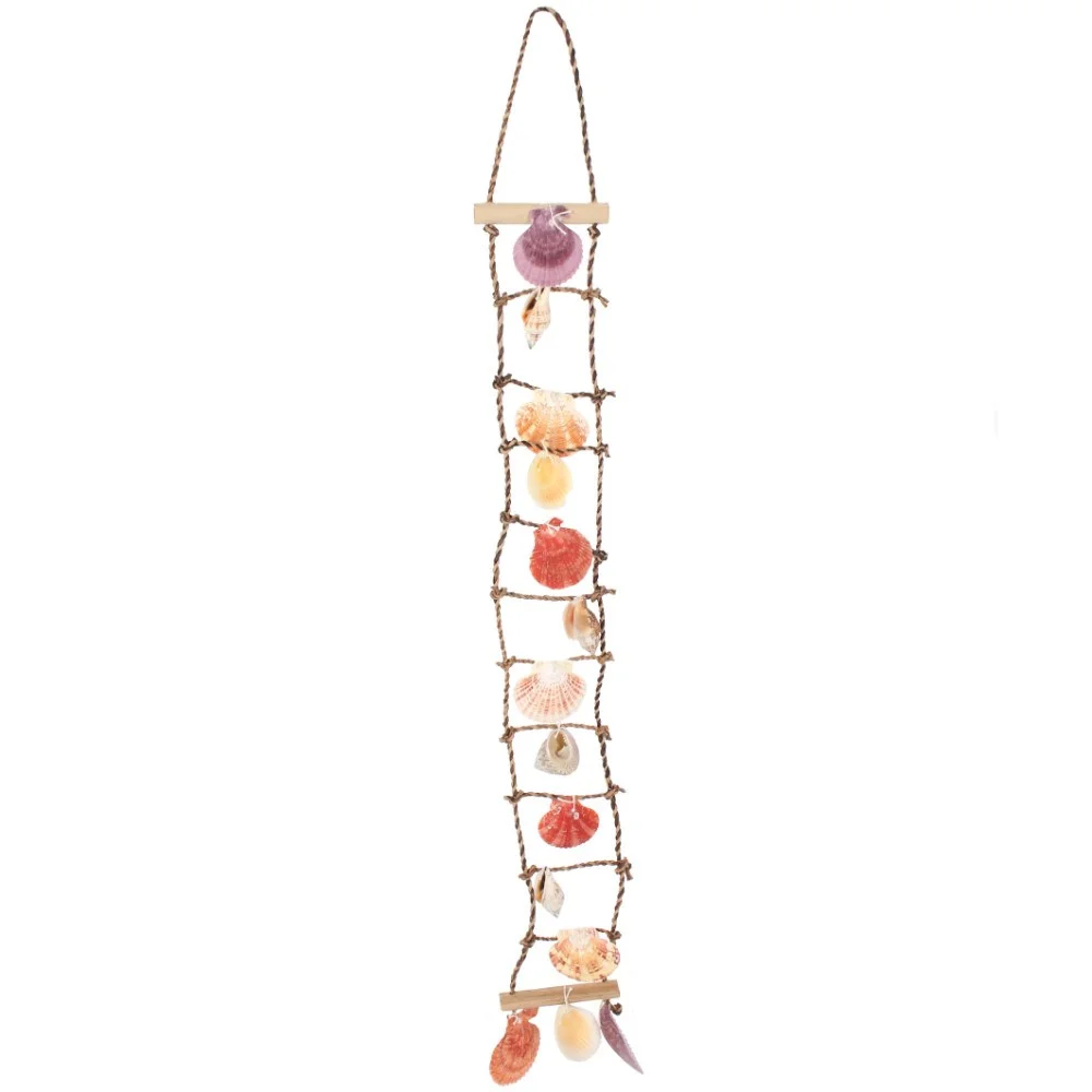 Decorative shell ladder with various sizes, shapes, and colours of sea shells for home decor hanging vertically