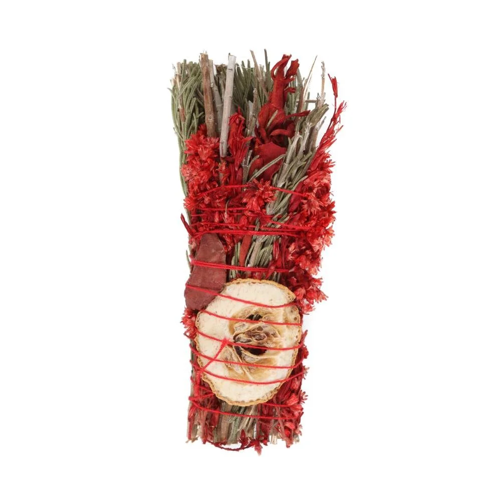 6-inch ritual smudge stick with rosemary, sage, red flowers, orange peel, and raw red jasper crystal bundle
