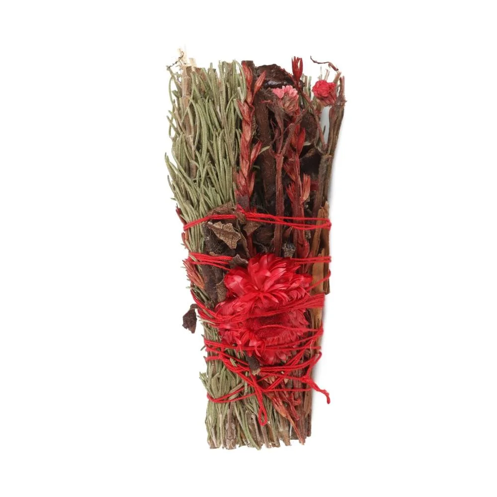 6-inch ritual wand smudge stick with rosemary, red flowers, cinnamon bark, and yerba santa sage tied in a bundle