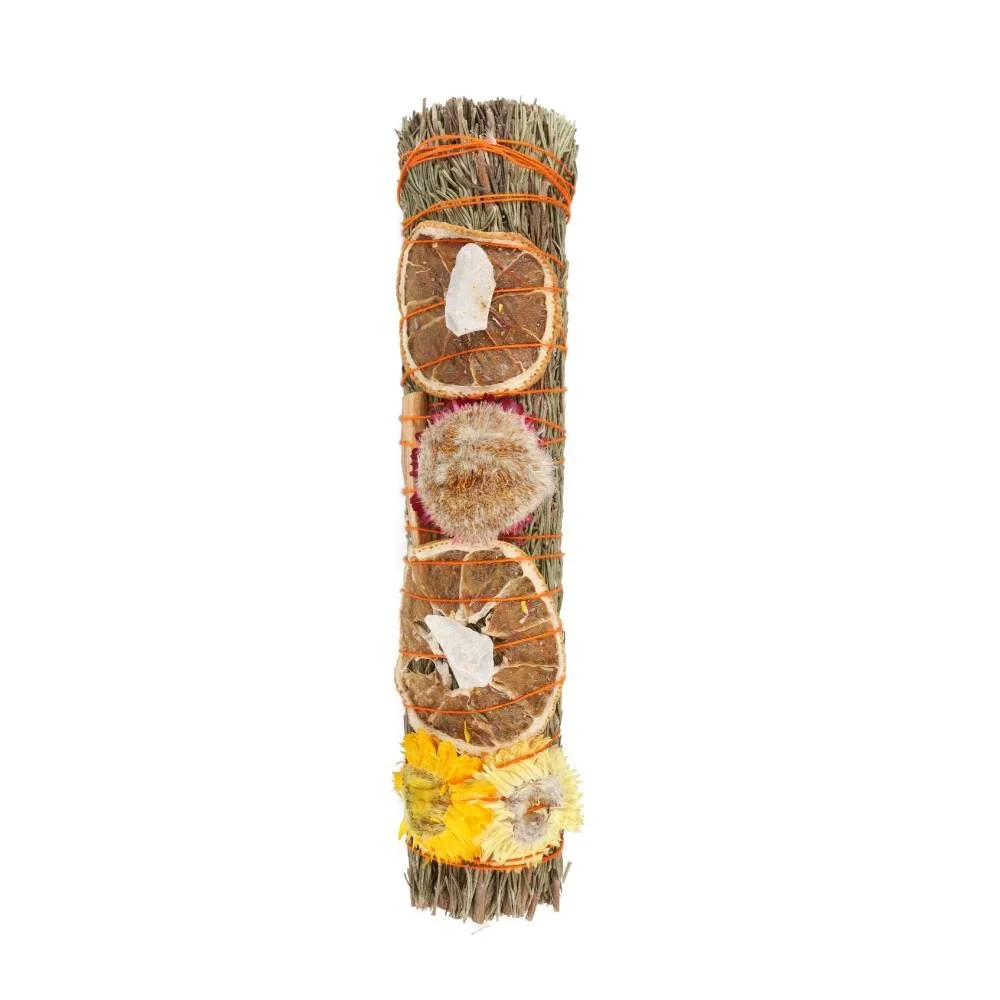 9in ritual smudge stick with rosemary, palo santo, orange peels, dried flowers, and raw quartz crystal bundle