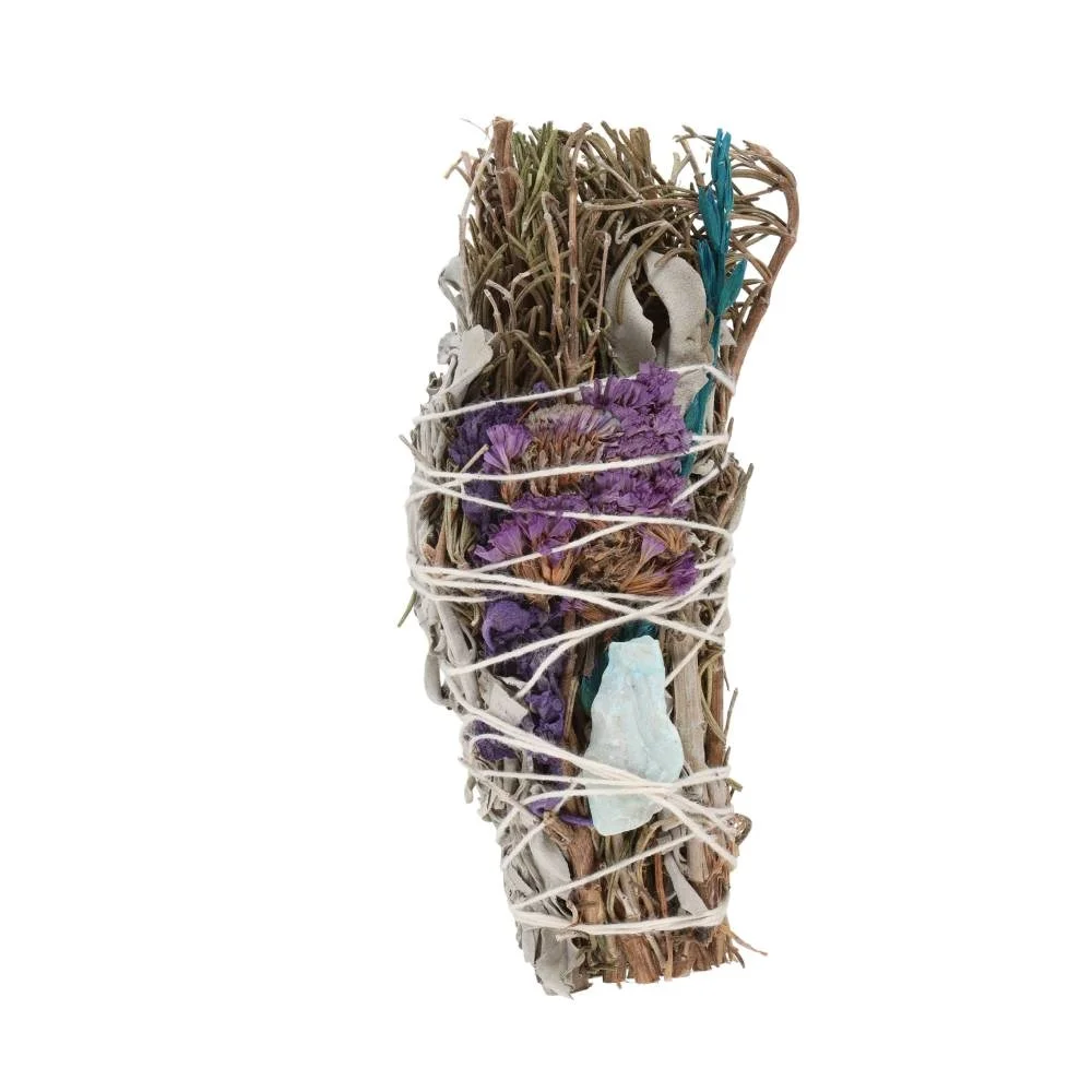 6-inch ritual smudge stick with rosemary, sage, lavender, abalone shell, and raw aventurine crystal bundle
