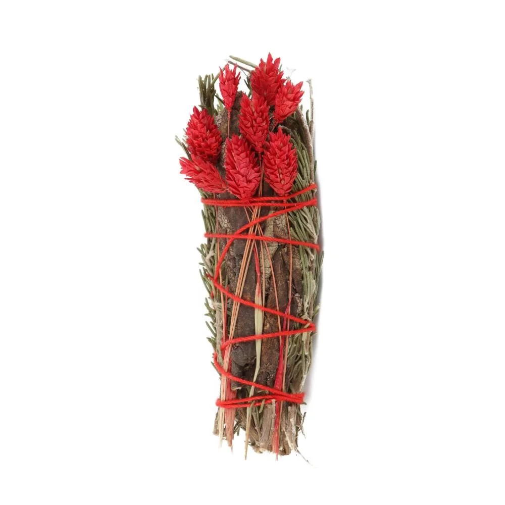 6-inch ritual smudge stick with rosemary, yerba santa sage, and dried red flowers tied in a compact bundle