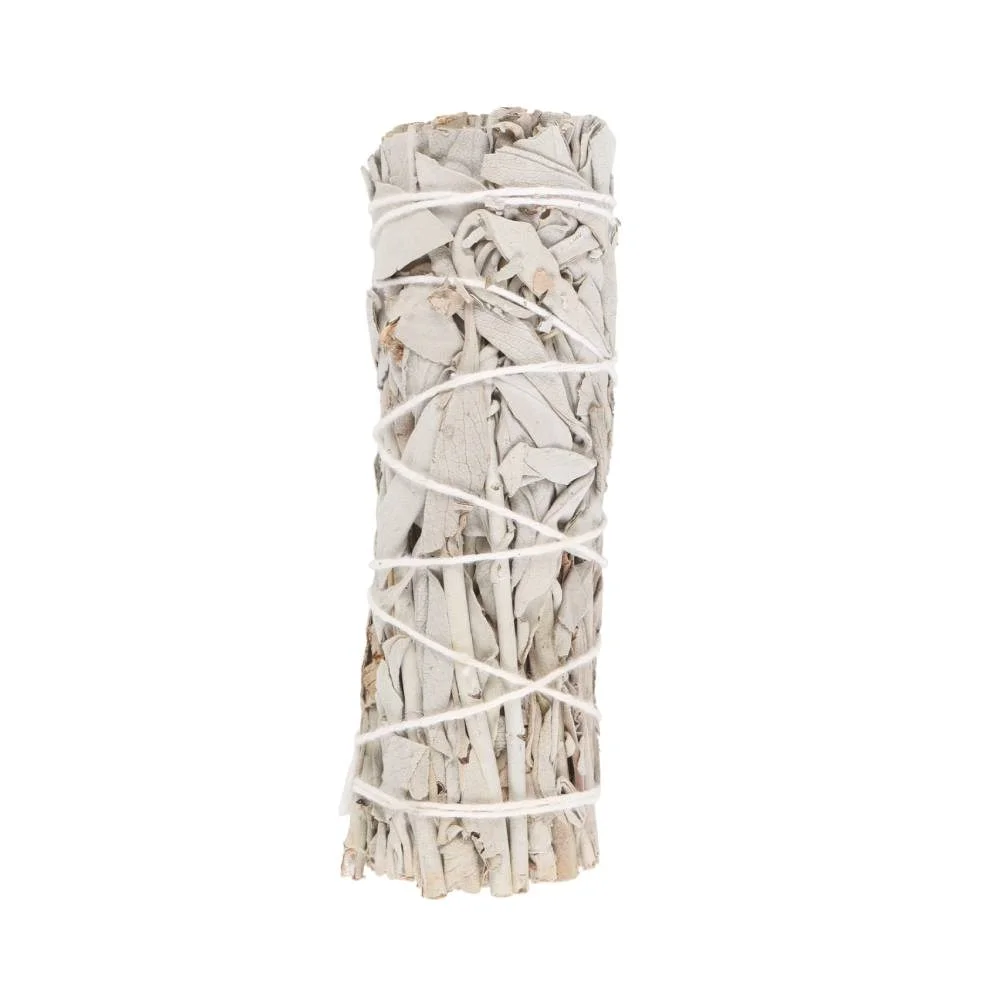10cm tightly bundled white sage smudge stick wand with dried leaves for cleansing and purifying spaces