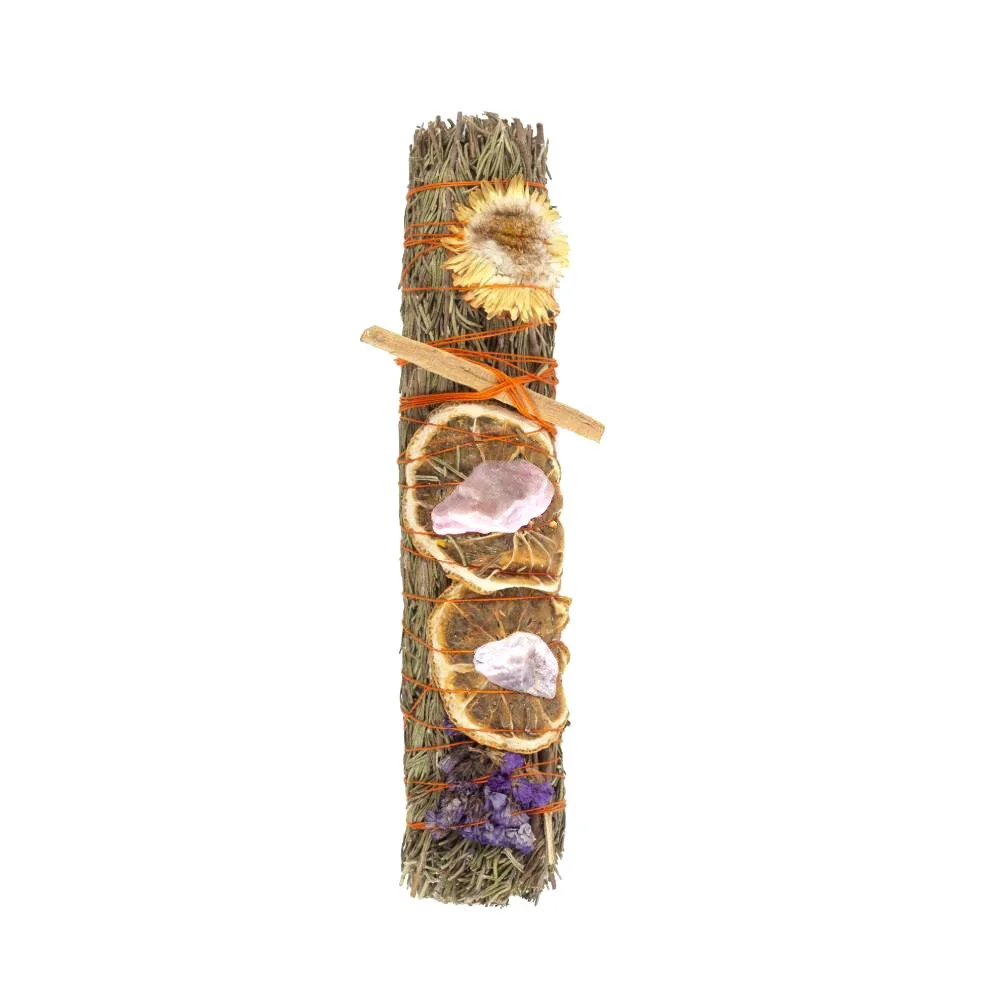 9in ritual smudge stick with rosemary, lavender, orange peel, dried flowers, and raw rhodonite crystal bundle