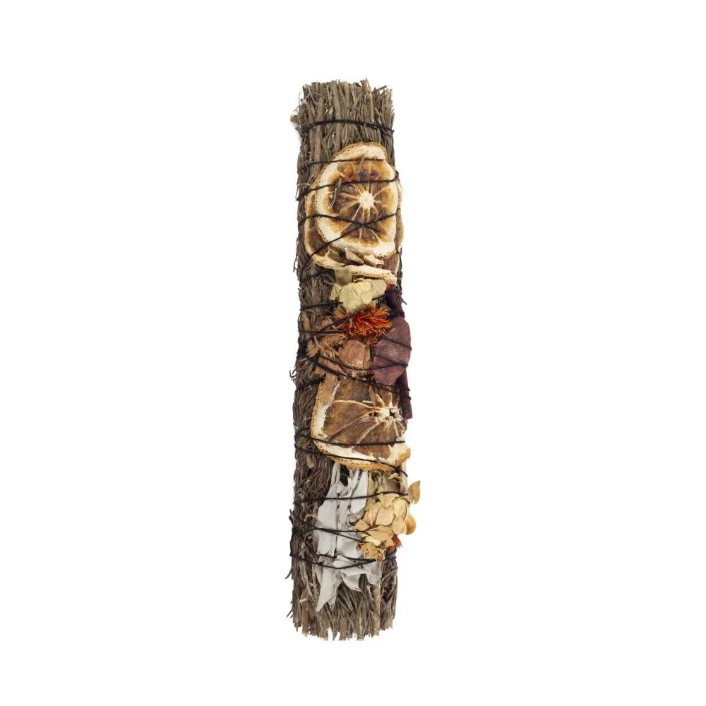 9in ritual smudge stick with rosemary, palo santo, dried flowers, cinnamon bark, and red jasper crystal bundle