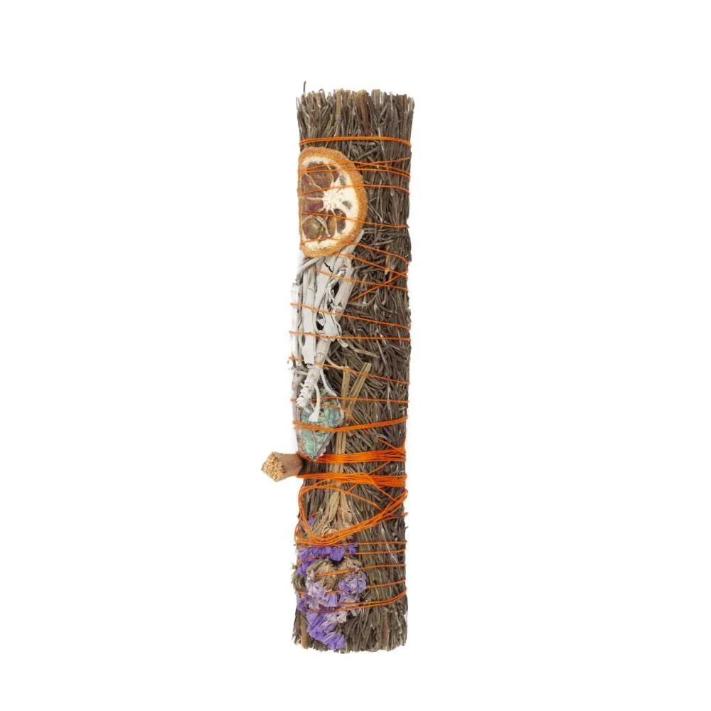 Handtied 9in ritual smudge stick with rosemary, lavender, white sage, palo santo, orange peel, abalone shell, aventurine crystal