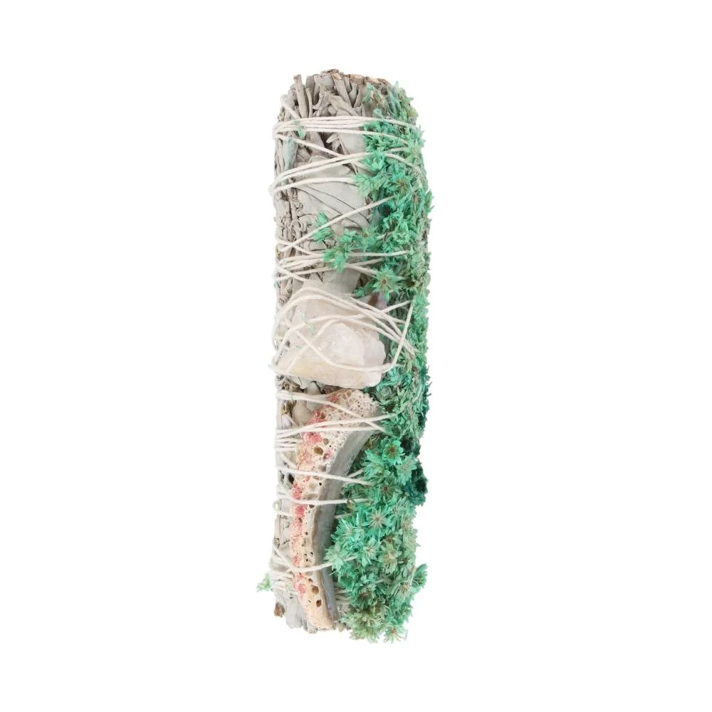 6in ritual smudge stick with white sage, abalone shell, dried green flowers, and raw quartz crystal bundle