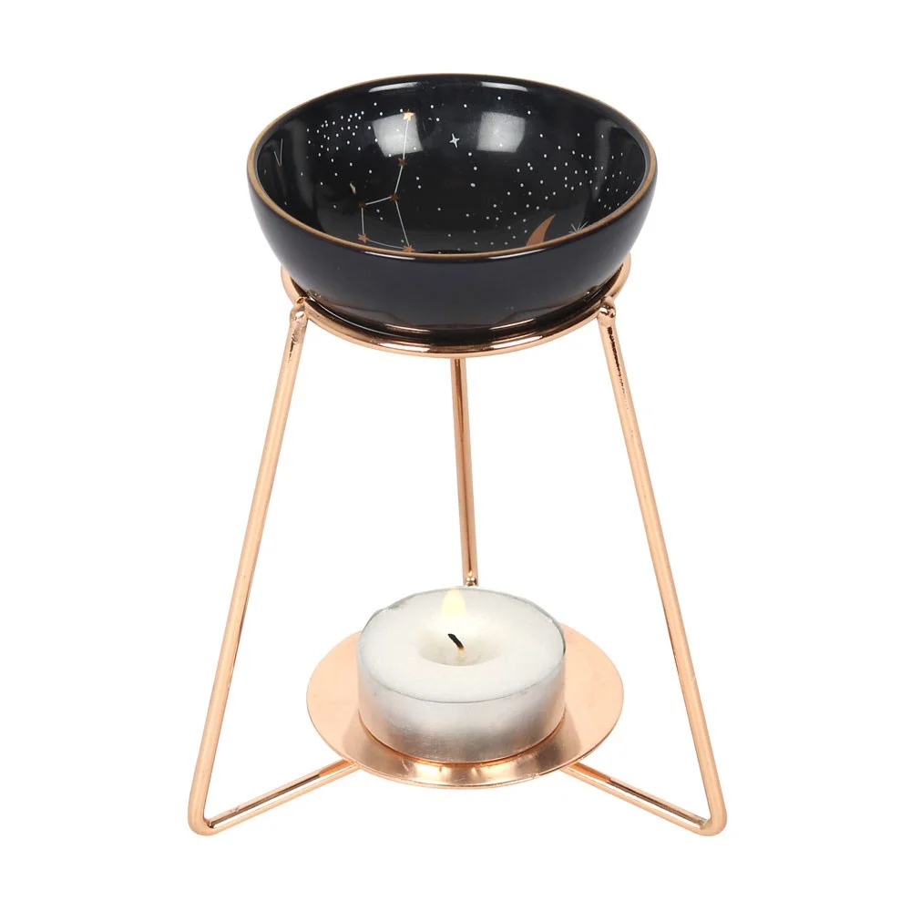 Purple star sign oil burner with constellation design and gold metal base, suitable for wax melts, 10.5cm tall
