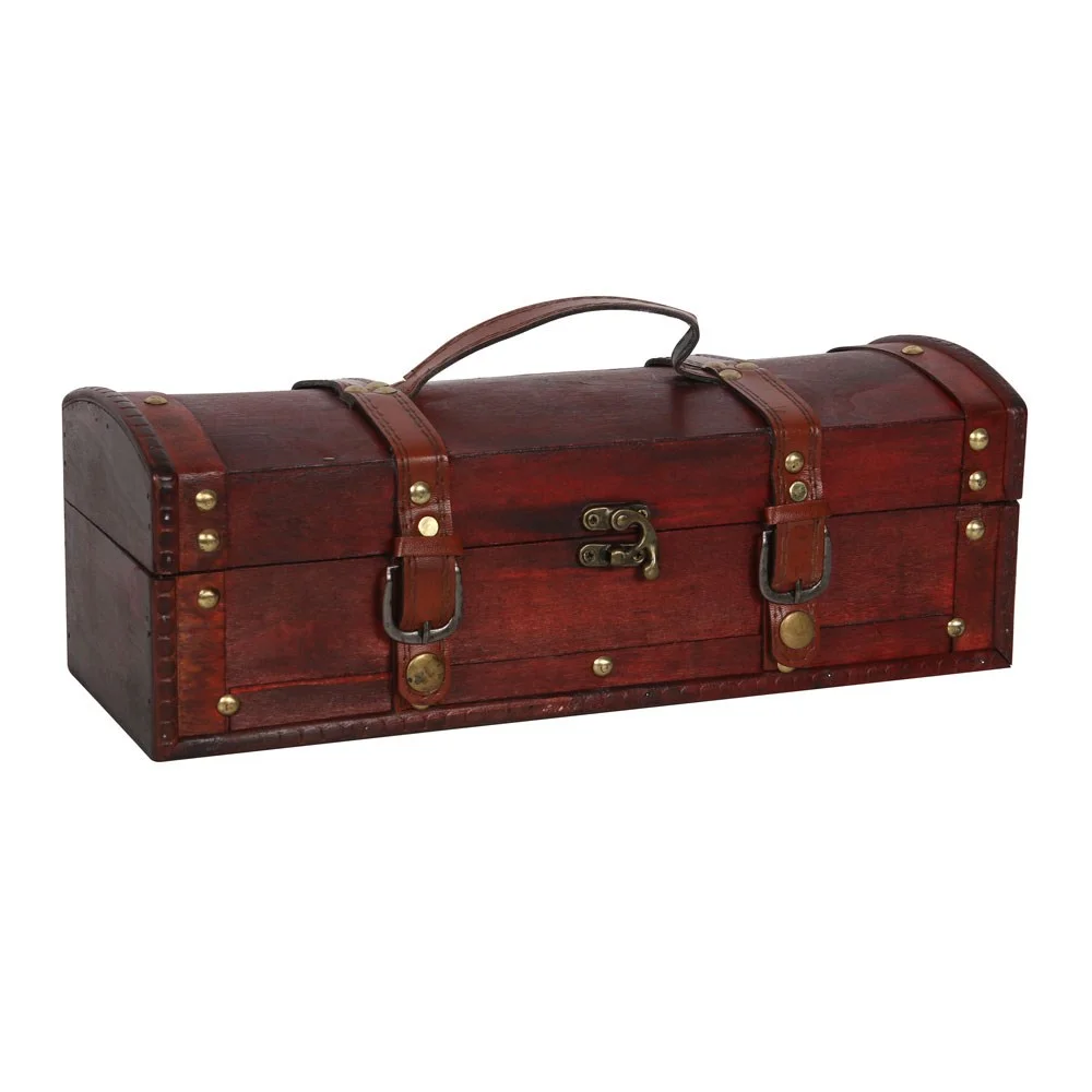 Long treasure chest trinket box in wood finish, measuring 12cm high, 35cm wide, and 12cm deep on white background
