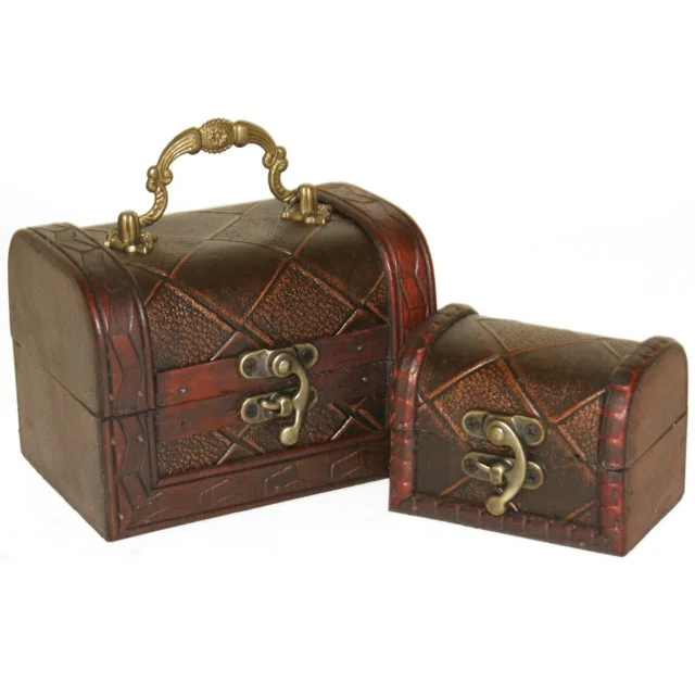 Set of 2 diamond treasure chest boxes with diamond pattern, each 10cm high, 12.5cm wide, 9cm deep
