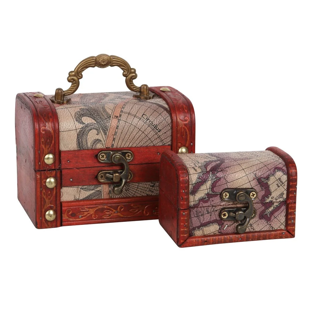 Set of 2 map design trinket boxes styled as treasure chests, each 9cm high, 12cm wide, and 9cm deep