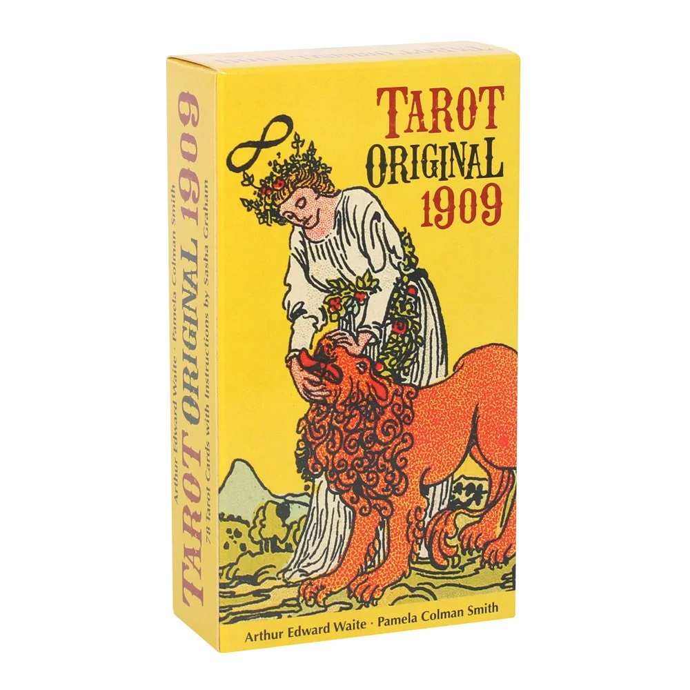 A solitarily stacked set of 78 1909 tarot deck cards with guidebook open, showcasing classic Rider‑Waite artwork