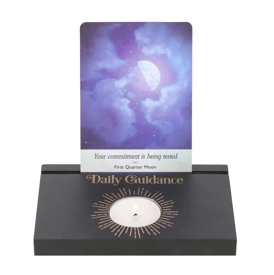 Black daily guidance tarot card stand tealight holder with built-in candle holder displaying tarot cards upright