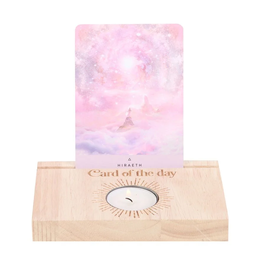 Wooden tarot card stand holding a tarot card with a tealight candle space, modern altar decor in natural finish