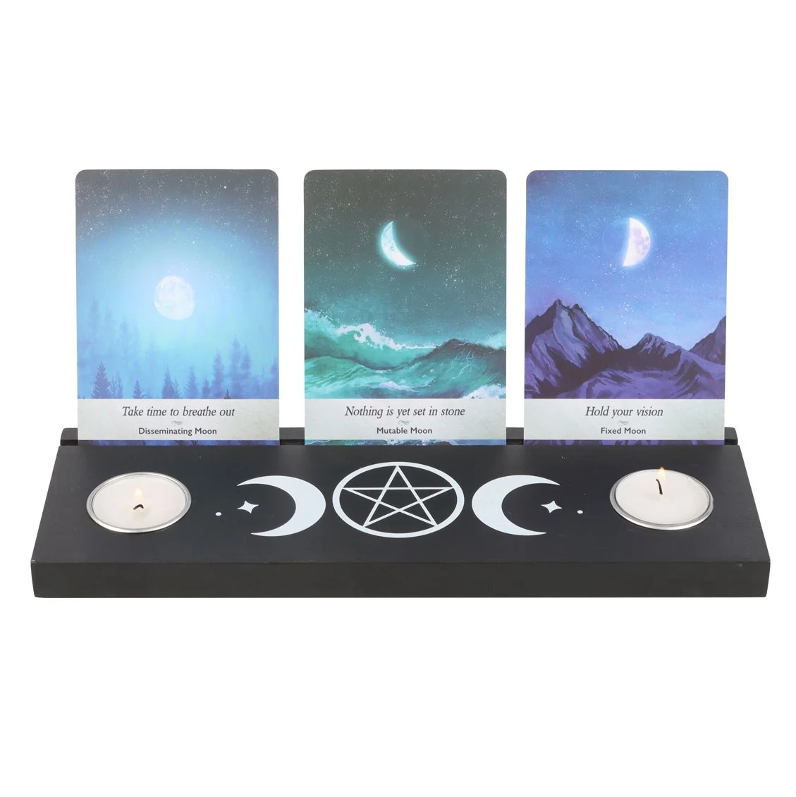 Black wooden triple moon tarot stand with two tealight candle holders for displaying tarot cards and creating ambiance