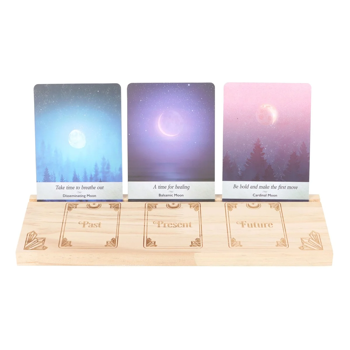Wooden tarot card stand displaying three cards labeled Past, Present, and Future on a wooden surface