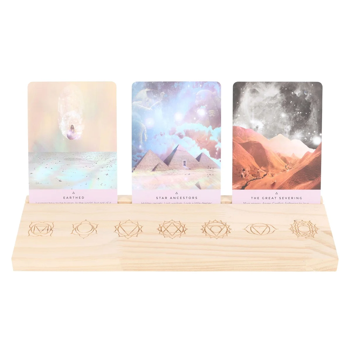 Wooden seven chakras tarot stand displaying colorful chakra symbols for spiritual tarot card readings and decoration