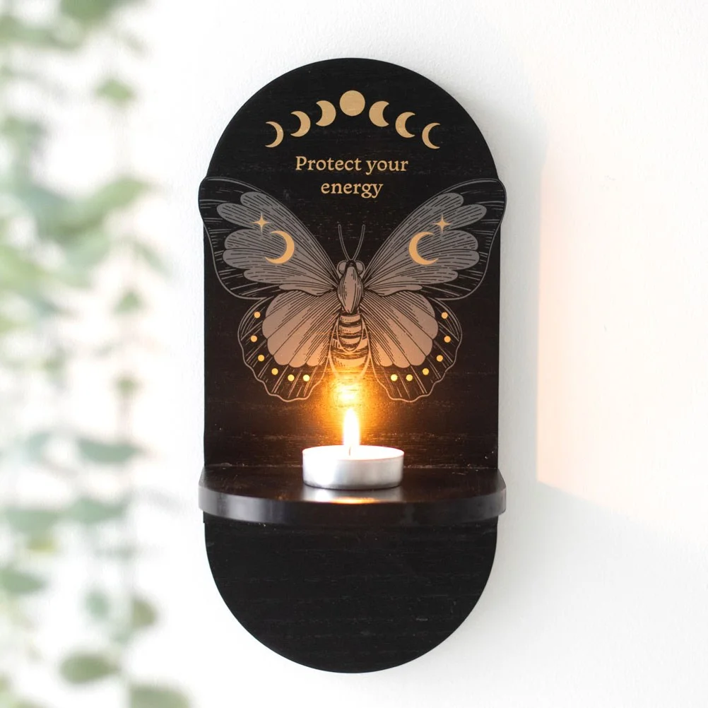Black moth altar shelf made of wood, designed for displaying crystals and spiritual items for focus and manifestation
