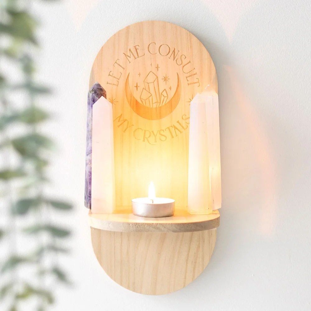 Natural altar shelf wooden with 'Let Me Consult My Crystals' text, displaying crystals and tarot cards for spiritual use