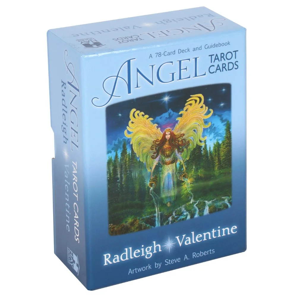 Angel Tarot Cards by Radleigh Valentine showing colorful card designs and guidebook in a compact box set