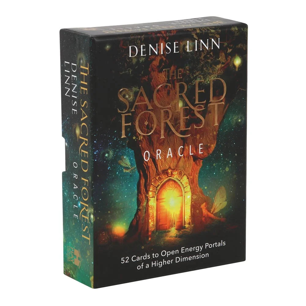 The Sacred Forest Oracle Cards deck with 52 illustrated cards and a 144-page guidebook in a matching box